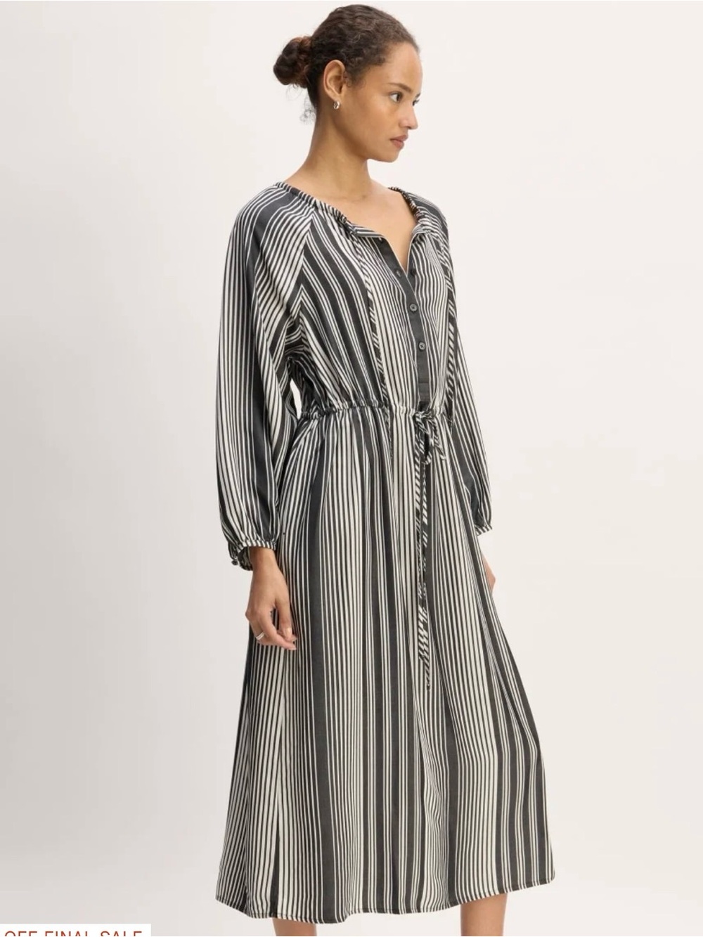 Everlane Black & White Striped Midi Dress Size M Drawstring Waist Long Sleeve